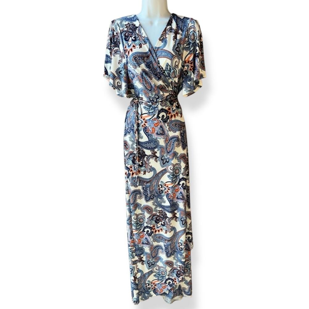 Emerald women's blue white paisley wrap front ruffle hem maxi dress Small